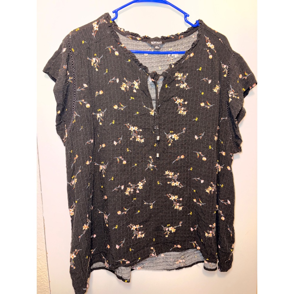 Buffalo David Bitton Black Floral Ruffle Neck Tie Front Blouse XXL